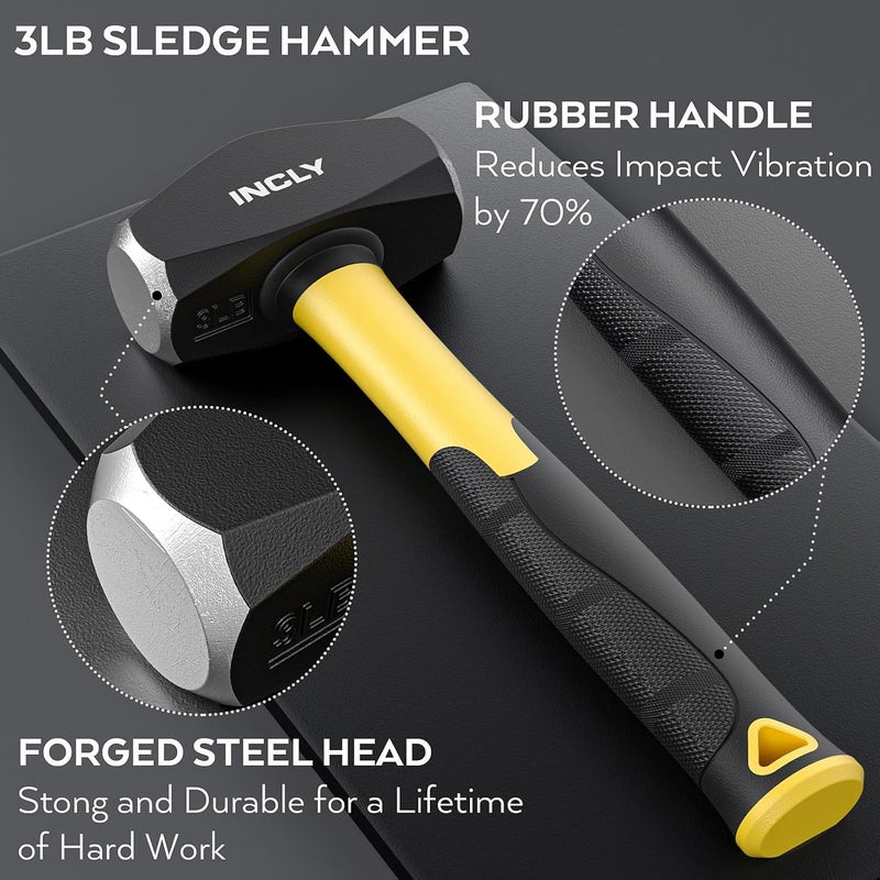 INCLY 8PCS Geology Rock Pick Equipment Kit, 3lb Sledge & 32oz Rock Hammer with 3PCS Concrete Chisel, Safety Goggles, Jewelers Loupe, Rock Hounding Equipment for Splitting, GoldMining, Stone Breaking - Image 4